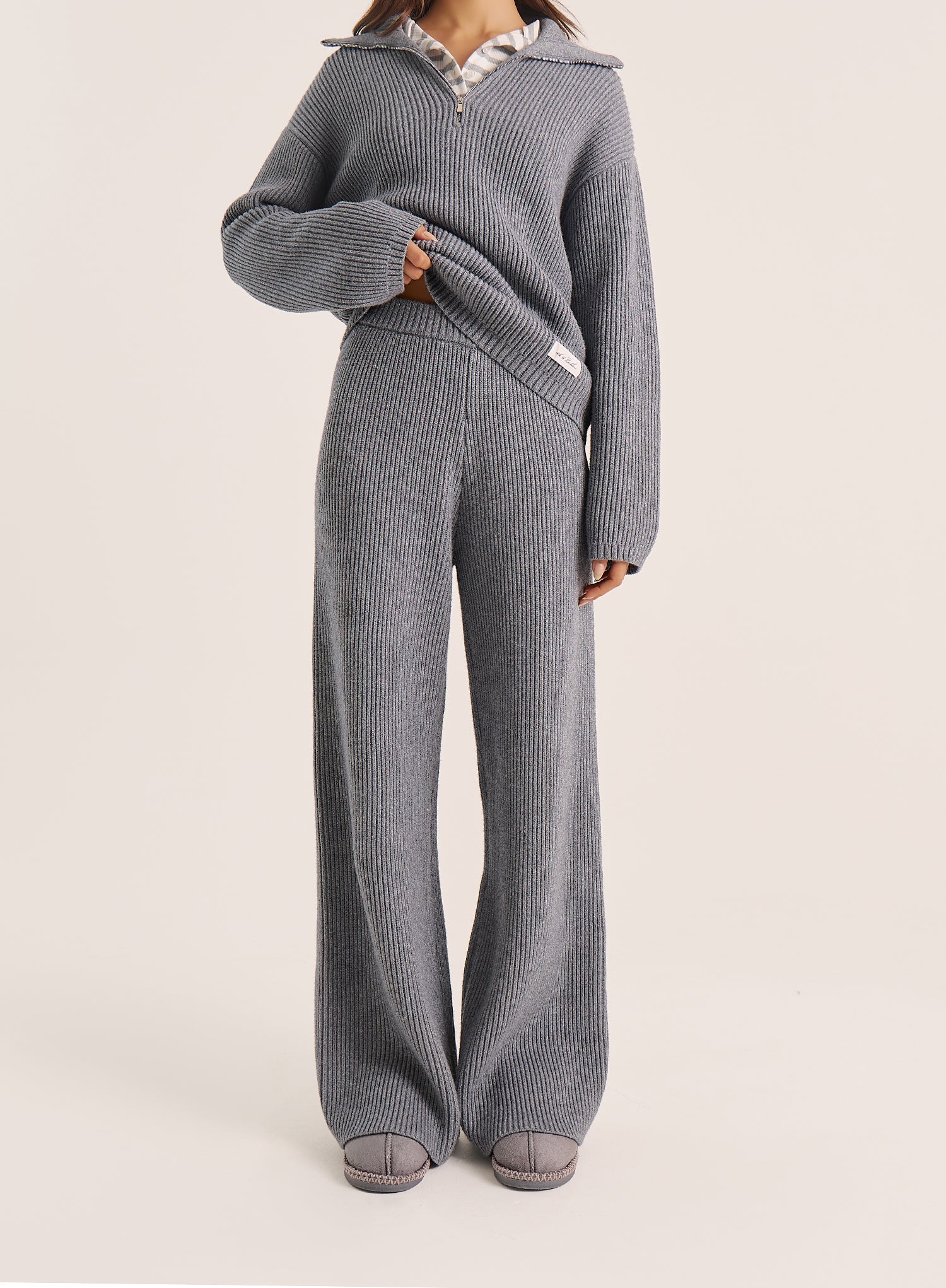 Light Grey Ribbed Knitted Wide Leg Trousers